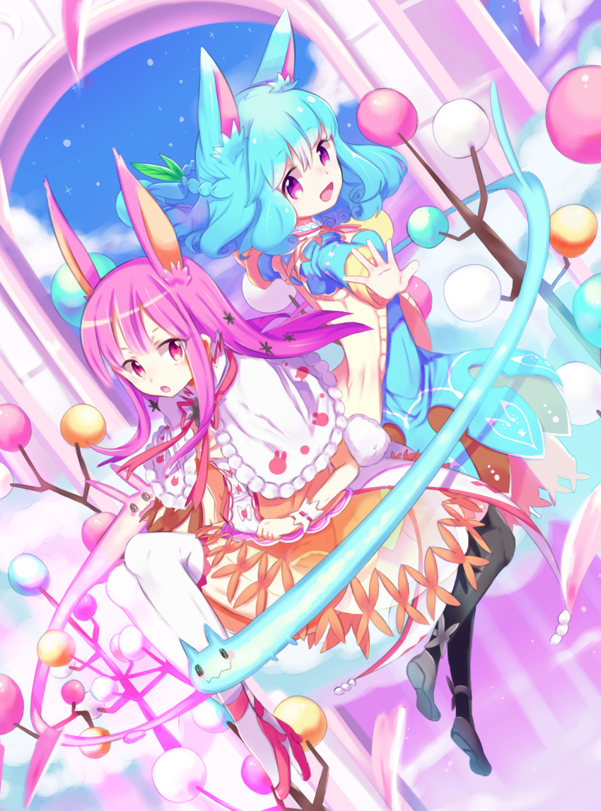 2girls absurdres animal_ears blue_hair blush braid character_request fuwasn1545 hair_ornament highres multiple_girls open_mouth outstretched_hand personification pink_eyes pink_hair pokemon