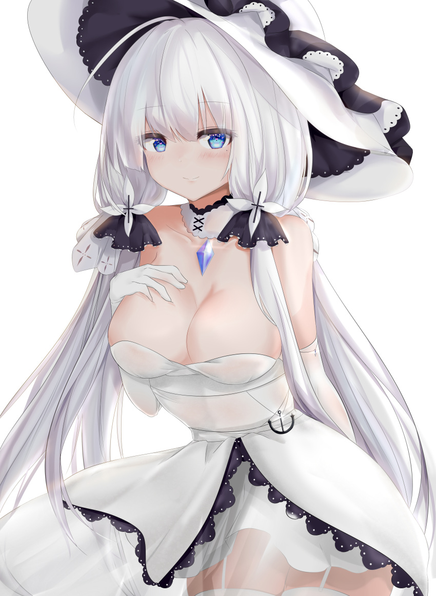 1girl absurdres anchor_symbol arm_behind_back armlet azur_lane bangs blue_eyes blush breasts choker cleavage collarbone dress elbow_gloves eyebrows_visible_through_hair eyes_visible_through_hair garter_belt gloves hair_between_eyes hair_ornament hair_ribbon hand_on_own_breast hat heart heart-shaped_pupils highres illustrious_(azur_lane) jewelry large_breasts leaning_forward long_hair looking_at_viewer low_twintails mole mole_under_eye pendant ribbon ru_zhai sidelocks simple_background smile solo strapless strapless_dress sun_hat symbol-shaped_pupils thigh-highs tress_ribbon twintails white_background white_dress white_gloves white_hair white_legwear