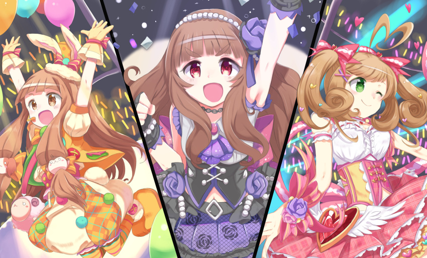 3girls ahoge animal_costume blush brown_hair bunny_costume cosplay costume fuwasn1545 green_eyes highres ichihara_nina idolmaster idolmaster_cinderella_girls idolmaster_cinderella_girls_starlight_stage kamiya_nao kigurumi long_hair multiple_girls one_eye_closed satou_shin smile triad_primus twintails