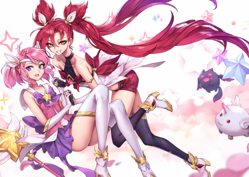 2girls ahoge ankle_boots bare_shoulders black_gloves black_legwear boots commentary elbow_gloves fingerless_gloves gloves hair_ornament high_heel_boots high_heels holding interlocked_fingers jinx_(league_of_legends) league_of_legends long_hair looking_at_viewer luxanna_crownguard multiple_girls oopartz_yang orange_eyes pleated_skirt purple_skirt red_shorts redhead short_hair shorts skirt sparkle star star_guardian_jinx star_guardian_lux thigh-highs twintails very_long_hair violet_eyes white_gloves white_legwear
