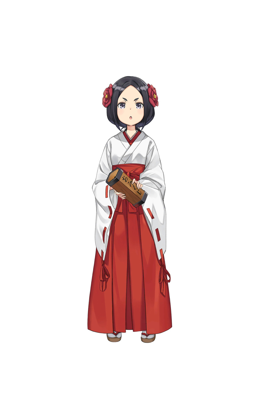 1girl black_eyes black_hair chestnut_mouth flower full_body hair_flower hair_ornament hakama_skirt highres japanese_clothes looking_at_viewer miko official_art omikuji princess_principal princess_principal_game_of_mission short_hair solo standing toudou_chise wide_sleeves