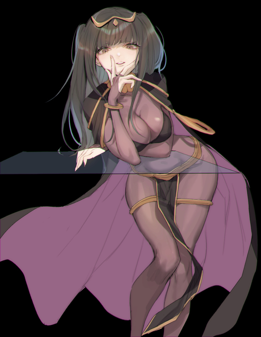 1girl bangs black_hair blunt_bangs bodystocking bodysuit bracelet breast_hold breasts bridal_gauntlets cape cleavage covered_navel fire_emblem fire_emblem:_kakusei highres jewelry long_hair looking_at_viewer medium_breasts pelvic_curtain smile solo tharja tiara two_side_up violet_eyes zuizi