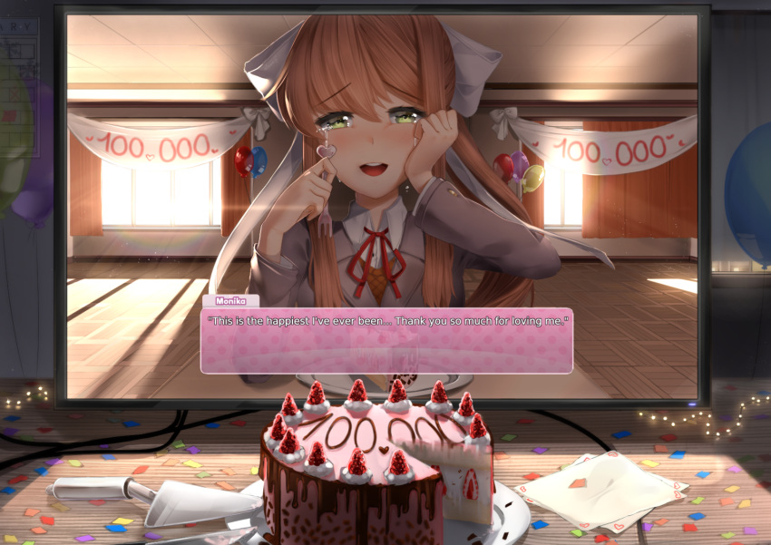 1girl 2d_dating :d backlighting balloon bangs blazer blush bow breasts brown_hair cake cake_slicer calendar classroom collared_shirt commentary computer confetti crying crying_with_eyes_open curtains desk doki_doki_literature_club elbow_rest elbows_on_table eyebrows_visible_through_hair food fork fruit green_eyes hair_bow hand_on_own_cheek hand_on_own_face hands_up happy happy_tears heart highres hits holding holding_fork indoors jacket lens_flare light_particles light_rays lonely long_hair long_sleeves looking_at_viewer medium_breasts monika_(doki_doki_literature_club) monitor neck_ribbon nose_blush open_mouth paper plate ponytail red_neckwear red_ribbon ribbon round_teeth sasoura school_uniform shirt sidelocks sitting slice_of_cake smile solo spoilers strawberry sunbeam sunlight table tears teeth white_shirt window wiping_tears
