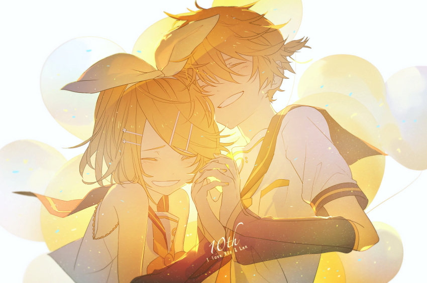 1boy 1girl arm_warmers balloon blonde_hair character_name closed_eyes commentary_request hair_ribbon hands_together happy highres kagamine_len kagamine_rin necktie number ponytail ribbon sailor_collar shirt short_hair simple_background smile vocaloid white_background white_shirt