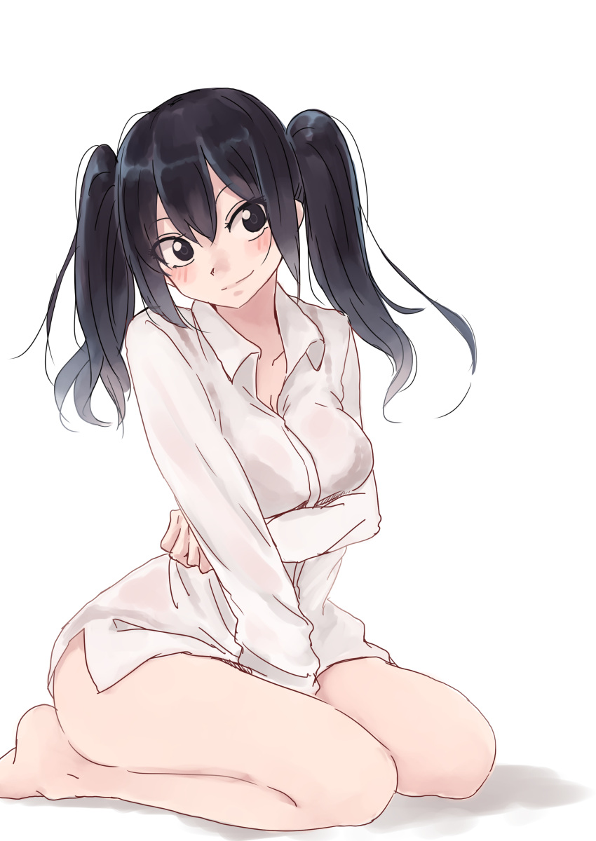 1girl absurdres bare_legs barefoot between_legs black_eyes black_hair blush breasts cleavage closed_mouth collared_shirt hand_between_legs head_tilt highres large_breasts looking_at_viewer naked_shirt original rucchiifu seiza shirt simple_background sitting smile solo twintails white_background wing_collar