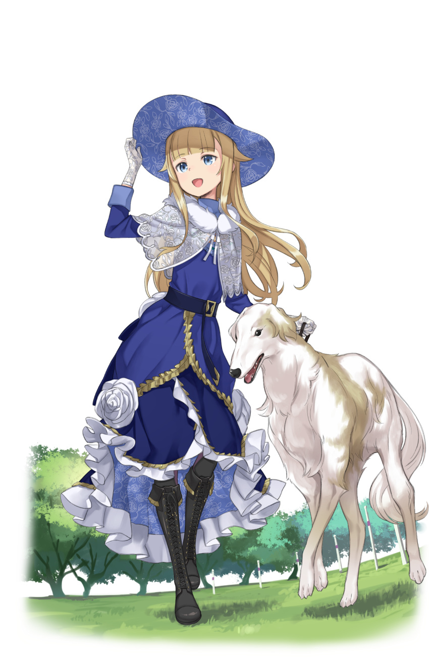 1girl :d adjusting_clothes adjusting_hat belt black_footwear blonde_hair blue_dress blue_eyes blue_hat boots capelet cross-laced_footwear dog dog_request dress flower full_body gloves grass hand_on_headwear hat hat_flower highres long_hair looking_at_viewer official_art open_mouth outdoors princess_(princess_principal) princess_principal princess_principal_game_of_mission smile solo standing transparent_background white_gloves