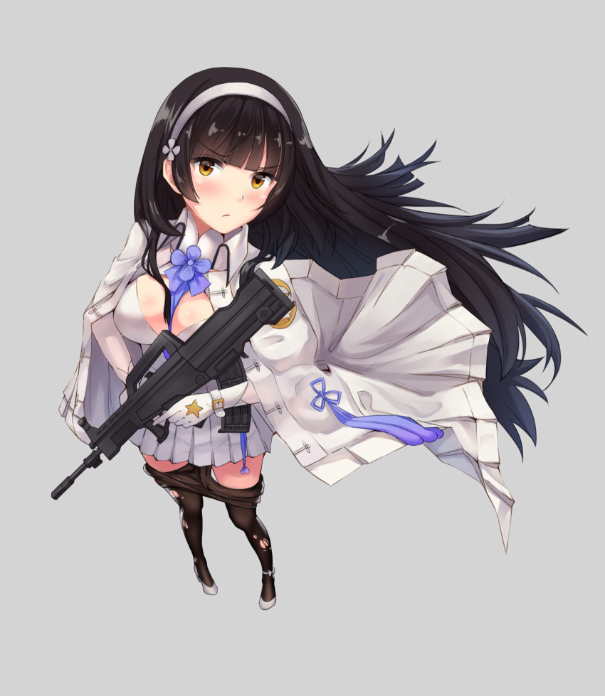1girl assault_rifle bangs between_breasts black_gloves black_hair black_legwear blue_flower blue_neckwear blunt_bangs blush breasts buckle bullpup cape cleavage closed_mouth collared_coat eyebrows_visible_through_hair floating_hair flower from_above girls_frontline gloves grey_background gun hair_between_eyes hair_flower hair_ornament hair_ribbon hairband head_tilt high_heels highres holding holding_gun holding_weapon jacket large_breasts long_hair looking_at_viewer necktie pantyhose pantyhose_pull pleated_skirt qbz-95 qbz-95_(girls_frontline) ribbon rifle shirt sidelocks simple_background skirt solo splendour standing star tassel torn_clothes torn_pantyhose twintails very_long_hair weapon white_coat white_gloves white_hairband white_shirt white_skirt wrist_straps yellow_eyes