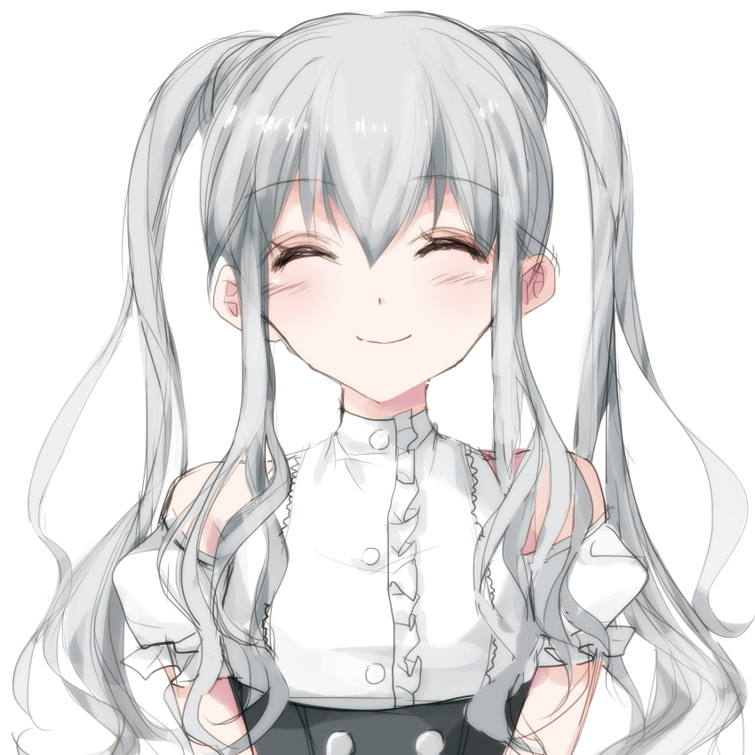 1girl absurdres arms_at_sides bad_id bad_pixiv_id bare_shoulders blush blush_stickers closed_eyes closed_mouth drill_hair ears_visible_through_hair eyebrows_visible_through_hair grey_hair hair_between_eyes highres long_hair misteor original puffy_sleeves shirt sleeves smile solo twintails white_background white_shirt white_sleeves