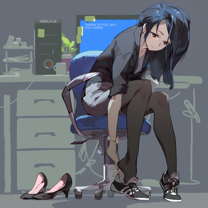 1girl adjusting_clothes adjusting_shoe black_legwear black_shirt blue_hair brown_eyes chair full_body highres office_chair office_lady original pantyhose shirt sitting skirt solo tennohi watch watch