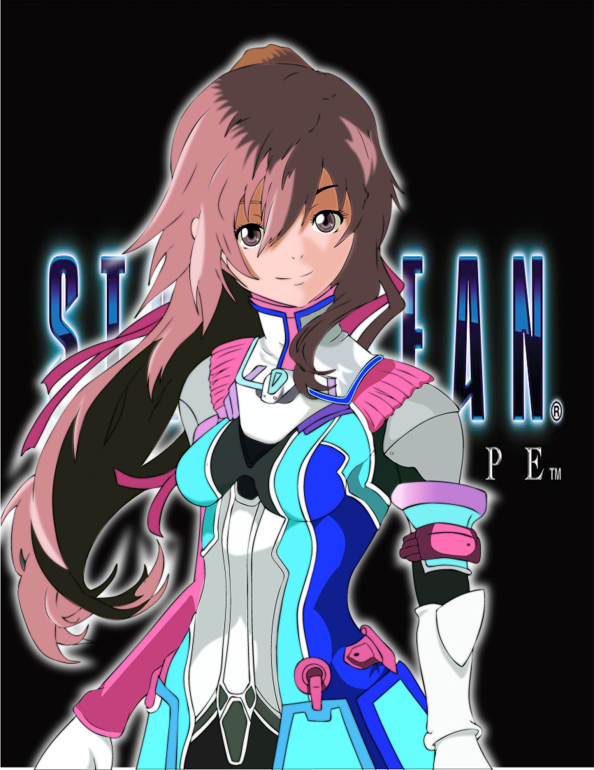 1girl absurdres breasts brown_eyes brown_hair gloves hair_ribbon highres long_hair looking_at_viewer pink_ribbon ponytail ribbon saionji_reimi solo star_ocean star_ocean_the_last_hope