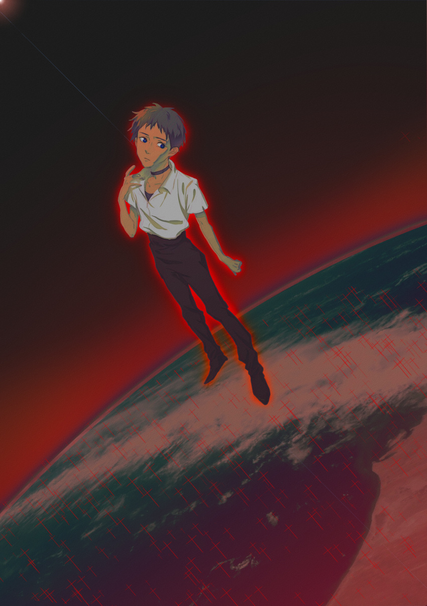 1boy absurdres black_choker black_eyes black_hair black_pants blue_eyes choker collared_shirt commentary_request cross earth highres ikari_shinji iodine male_focus neon_genesis_evangelion outline pants shirt short_sleeves solo space white_shirt wing_collar