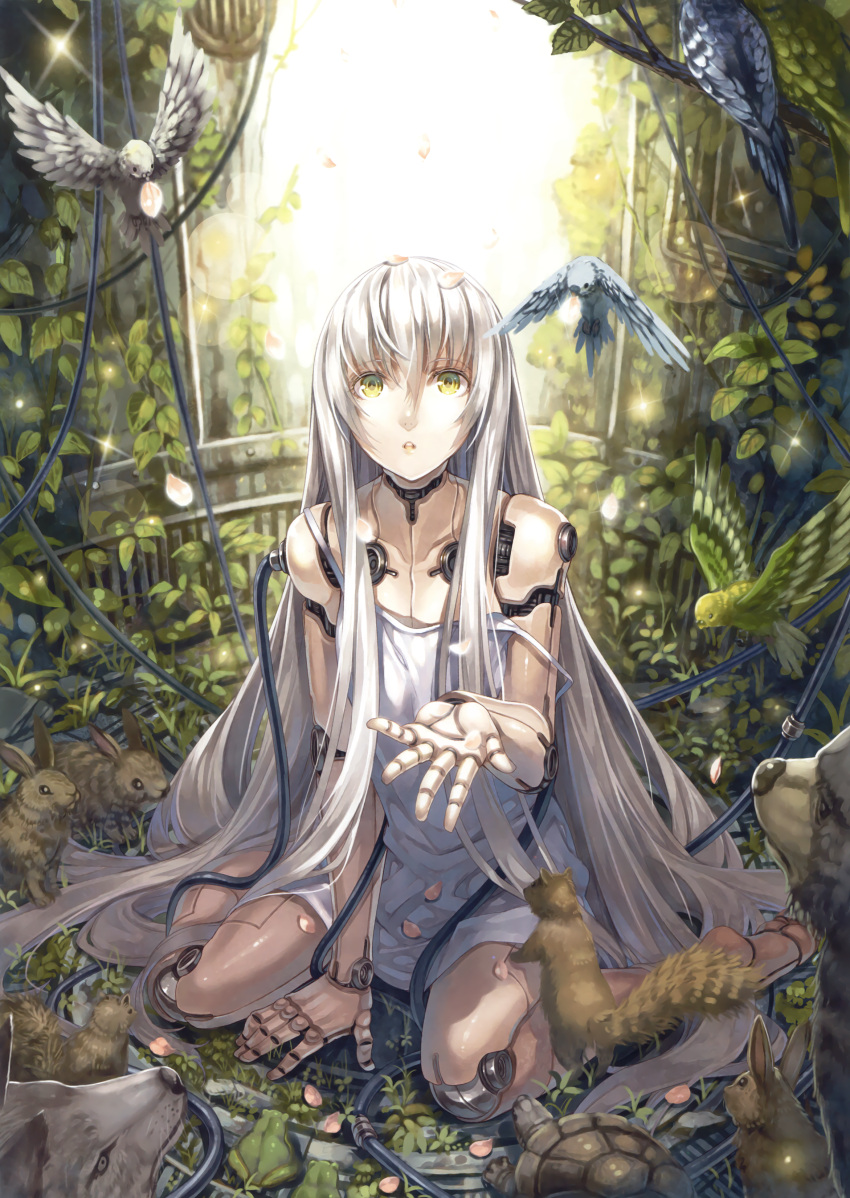 1girl :o absurdres bangs between_legs bird cable dress eyebrows_visible_through_hair grass green_eyes hand_between_legs highres joints keg long_hair looking_at_viewer off_shoulder original petals rabbit robot silver_hair sitting solo squirrel turtle white_dress wolf