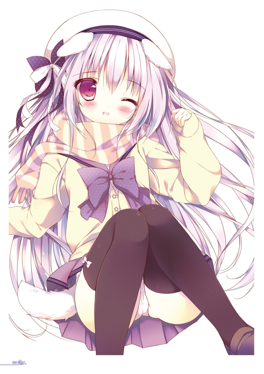 1girl ;d animal_ears bangs beret black_bow black_legwear blush bow brown_footwear cardigan dog_ears dog_girl dog_tail eyebrows_visible_through_hair fang fingernails grey_skirt hair_between_eyes hair_bow hand_up hat head_tilt highres loafers long_hair long_sleeves looking_at_viewer lying on_back one_eye_closed open_mouth original panties pleated_skirt polka_dot polka_dot_bow purple_hair red_eyes scarf school_uniform serafuku shiratama_(shiratamaco) shiroi_inu shoes simple_background skirt sleeves_past_wrists smile solo striped striped_scarf tail thigh-highs underwear very_long_hair white_background white_hat white_panties