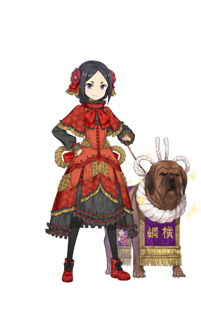 1girl black_eyes black_footwear black_hair black_legwear capelet cross-laced_clothes dog dog_request dress floral_print flower frilled_dress frills full_body hair_flower hair_ornament hand_on_hip highres leash looking_at_viewer official_art princess_principal princess_principal_game_of_mission red_dress red_footwear shoes short_hair smile solo standing toudou_chise transparent_background