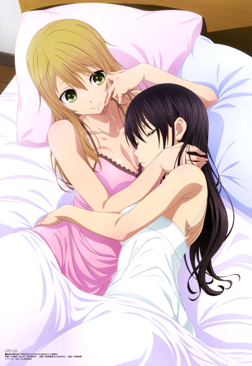 2girls absurdres aihara_mei aihara_yuzu bed black_hair blonde_hair blue_pillow breasts citrus_(saburouta) cleavage closed_eyes hand_on_another's_neck hand_on_own_cheek hanzawa_jun highres indoors large_breasts long_hair looking_at_another megami multiple_girls nightgown official_art parted_lips pillow pink_pillow sleeping smile yuri