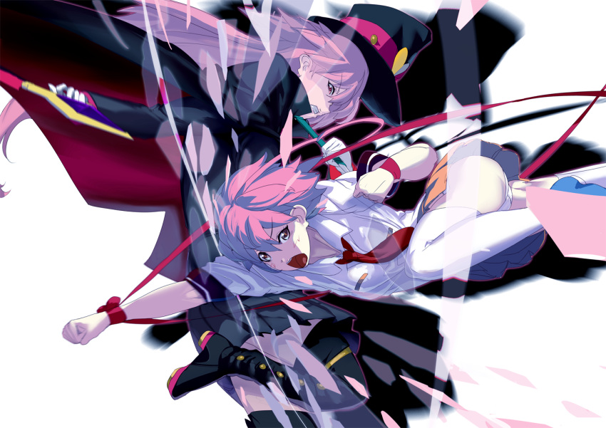 2girls aino_heart arcana_heart arcana_heart_3 battle boots clenched_teeth commentary_request ere_(2516325) hat long_hair multiple_girls panties pantyshot pink_hair short_hair skirt teeth thigh-highs underwear zettai_ryouiki