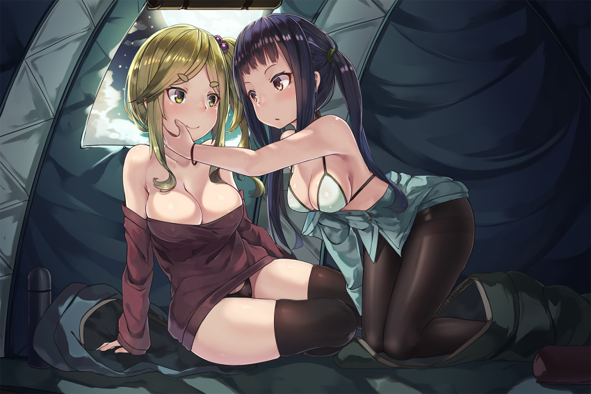 2girls arm_support bangs black_legwear black_panties blue_bikini_top blue_hair blush breasts brown_eyes brown_hair closed_mouth collarbone eyebrows_visible_through_hair from_side full_moon hair_bobbles hair_ornament hand_on_another's_face highres inuyama_aoi kneeling large_breasts looking_at_another medium_breasts moon multiple_girls natori_youkai night oogaki_chiaki panties pantyhose parted_lips side_ponytail sitting sleeping_bag smile swept_bangs tent thermos thick_eyebrows thighband_pantyhose twintails underwear yurucamp