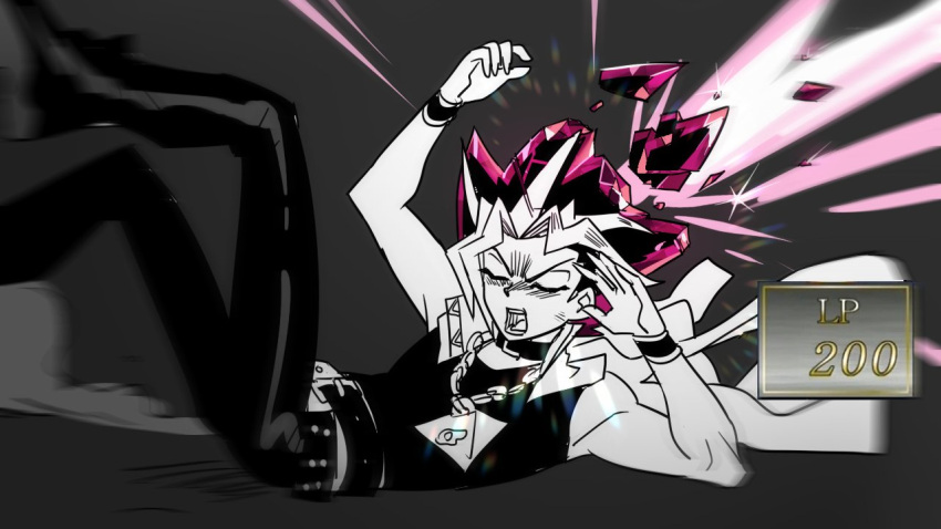 1boy breaking closed_eyes crystal_hair duckyora falling gameplay_mechanics houseki_no_kuni jacket_on_shoulders male_focus millennium_puzzle multicolored_hair mutou_yuugi open_mouth shirt sleeveless sleeveless_shirt solo spot_color yami_yuugi yu-gi-oh!