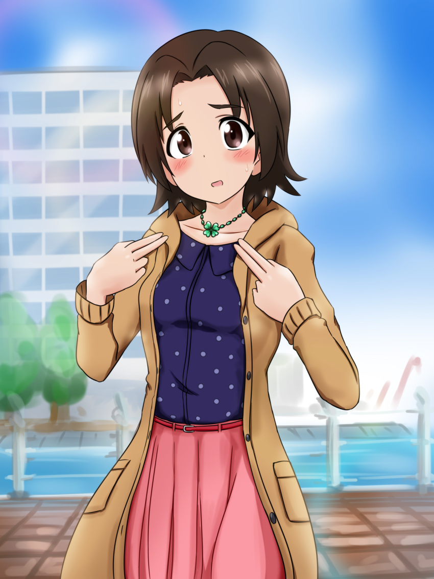 1girl bangs blurry blurry_background blush brown_coat brown_eyes brown_hair casual clouds cloudy_sky clover coat collared_shirt cowboy_shot day eyebrows_visible_through_hair fechisupi girls_und_panzer highres jewelry light_frown looking_at_viewer medium_skirt navy_blue_shirt necklace open_mouth outdoors parted_bangs pink_skirt polka_dot polka_dot_shirt red_belt sawa_azusa shirt short_hair skirt sky solo standing