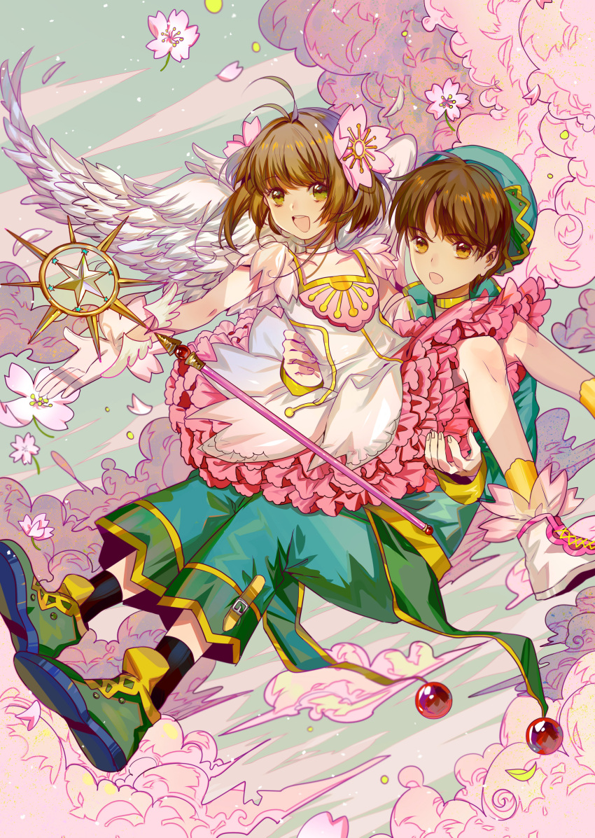 1boy 1girl :d absurdres antenna_hair brown_eyes brown_hair buckle card_captor_sakura cherry_blossom_hair_ornament cherry_blossoms clouds dress feathered_wings frilled_dress frills green_eyes green_footwear green_hat hat highres jamjar77 kinomoto_sakura li_xiaolang open_mouth pants petticoat pink_cloud red_pants shoes short_hair smile staff star teeth white_dress white_footwear white_wings wings