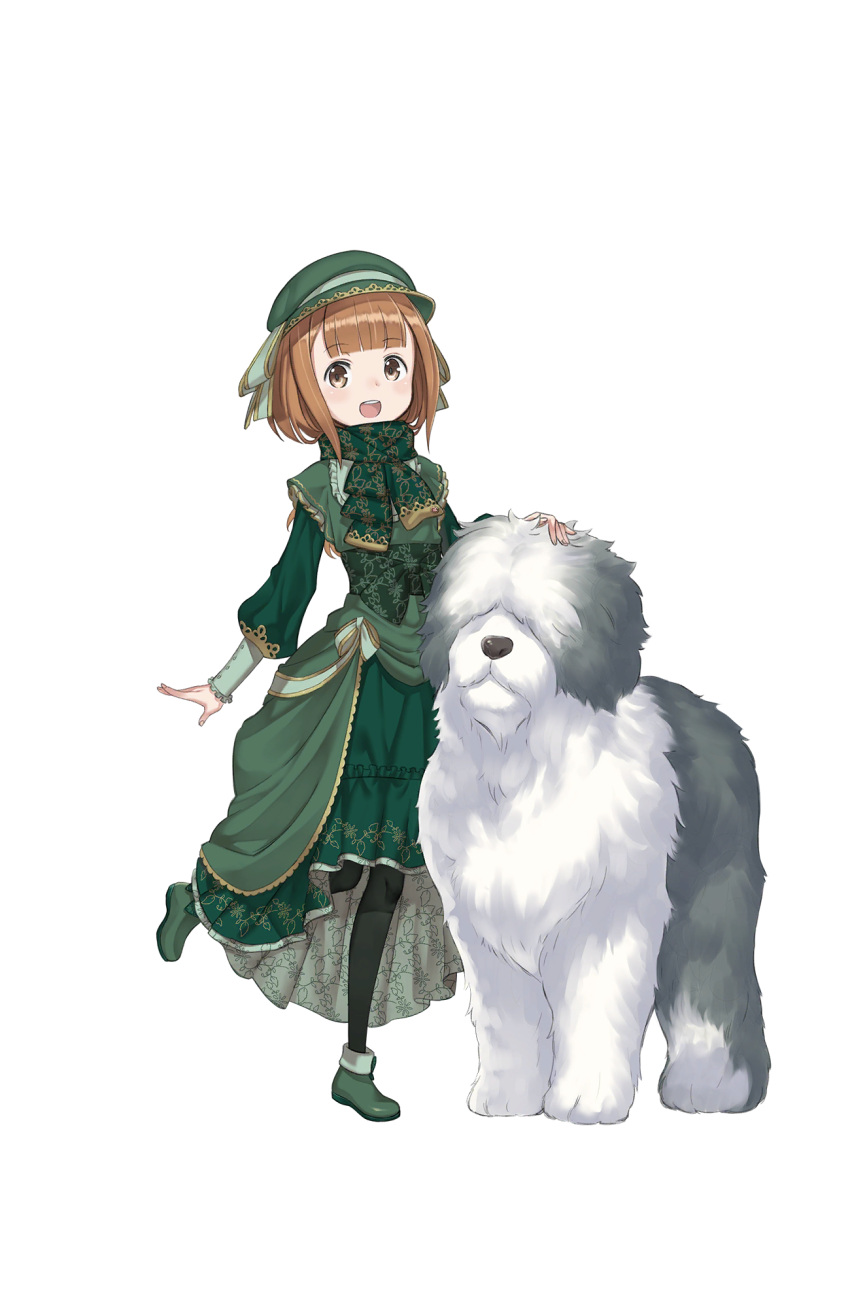 1girl :d bangs beatrice_(princess_principal) black_legwear blunt_bangs brown_eyes brown_hair dress full_body green_dress green_footwear green_hat hat highres looking_at_viewer official_art open_mouth princess_principal princess_principal_game_of_mission sheep_dog shoes short_hair smile solo standing standing_on_one_leg transparent_background