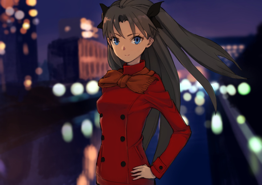 1girl black_hair black_ribbon blue_eyes breasts building buttons chienon closed_mouth fate/stay_night fate_(series) hair_ribbon highres jacket long_hair long_sleeves looking_at_viewer night orange_scarf outdoors red_jacket ribbon scarf small_breasts smile solo toosaka_rin