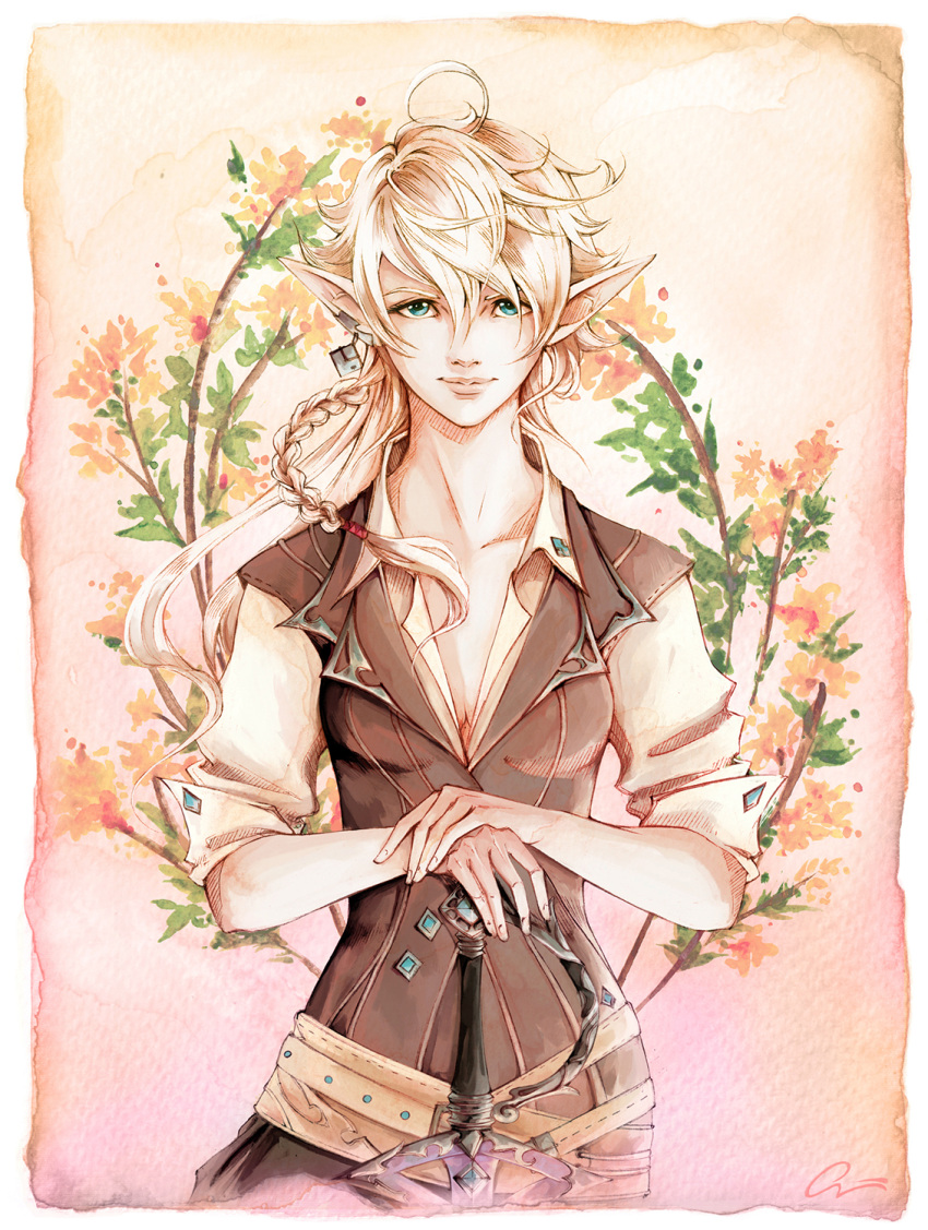 1girl alisaie_leveilleur alternate_costume braid breasts cowboy_shot earrings elezen elf final_fantasy final_fantasy_xiv green_eyes hand_on_sword highres jewelry lips long_hair looking_at_viewer medium_breasts onyrica pointy_ears smile solo standing sword weapon white_hair