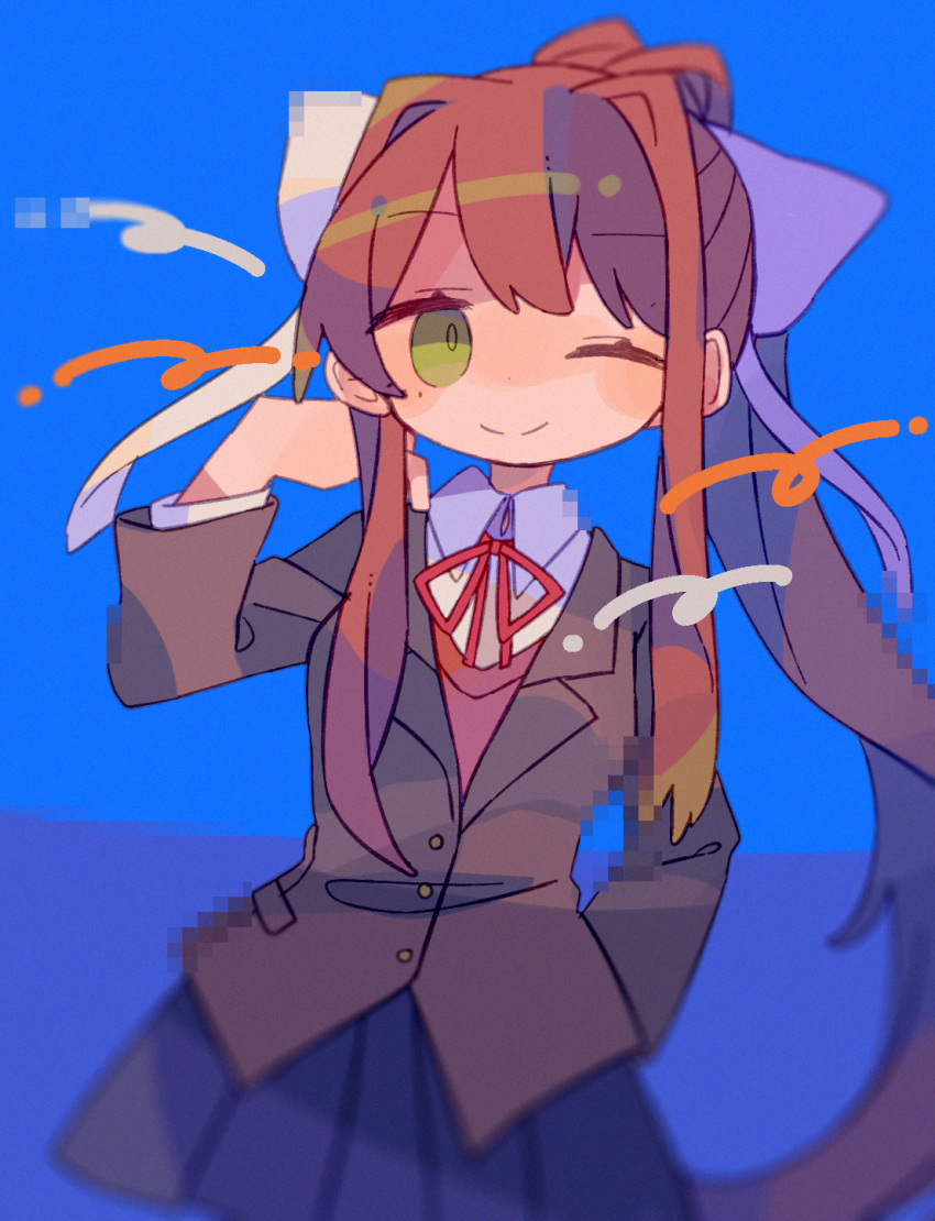 1girl adjusting_hair bangs blazer blue_background blue_skirt bow breasts brown_hair closed_mouth collared_shirt cowboy_shot daizu_(melon-lemon) doki_doki_literature_club eyebrows_visible_through_hair glitch green_eyes grey_jacket hair_bow hair_intakes hand_on_hip hand_up highres jacket long_hair long_sleeves looking_at_viewer medium_breasts monika_(doki_doki_literature_club) neck_ribbon one_eye_closed pleated_skirt ponytail red_neckwear red_ribbon ribbon school_uniform shirt sidelocks simple_background skirt smile solo standing very_long_hair white_shirt