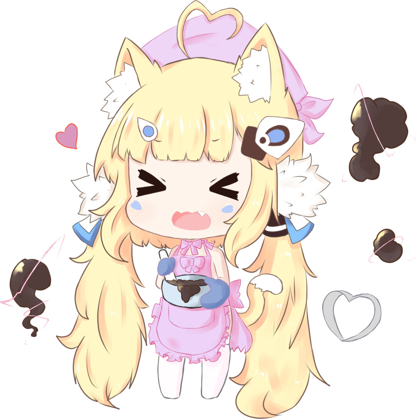 &gt;_&lt; 1girl ahoge animal_ears apron azur_lane bailingxiao_jiu bangs blonde_hair blush bow bowl cat_ears cat_girl cat_tail chibi chocolate closed_eyes commentary_request eldridge_(azur_lane) electricity eyebrows_visible_through_hair facial_mark facing_viewer fang frilled_apron frills full_body hair_ornament head_scarf heart heart_ahoge highres holding holding_bowl kemonomimi_mode long_hair low_twintails naked_apron no_shoes open_mouth oven_mitts pink_apron pink_bow sidelocks simple_background solo standing tail thigh-highs twintails valentine very_long_hair wavy_mouth white_background white_legwear