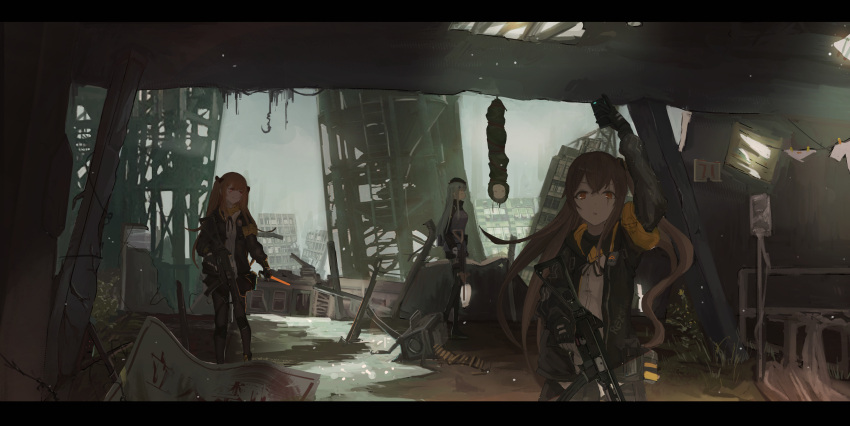 404_(girls_frontline) 404_logo_(girls_frontline) 4girls absurdres aerolite ammunition_pouch armband assault_rifle bag bangs belt beret black_legwear blunt_bangs bow bow_panties breasts brown_eyes brown_hair buckle building cellphone cityscape closed_eyes closed_mouth clothes_on_object clothes_writing eyebrows_visible_through_hair fingerless_gloves g11 g11_(girls_frontline) girls_frontline gloves glowstick green_eyes gun h&amp;k_ump hair_between_eyes hair_ornament hairclip hat heckler_&amp;_koch highres hk416 hk416_(girls_frontline) holding holding_gun holding_phone holding_weapon hood hooded_jacket in_bag in_container jacket long_hair looking_at_another looking_at_viewer magazine_(weapon) medium_breasts multiple_girls one_side_up open_clothes open_mouth orange_scarf panties pantyhose phone rifle ruins scar scar_across_eye scarf shirt sign silver_hair skirt sleeping sleeping_bag smartphone smile submachine_gun thigh-highs thigh_strap trigger_discipline twintails ump45_(girls_frontline) ump9_(girls_frontline) underwear upside-down walkie-talkie weapon yellow_eyes