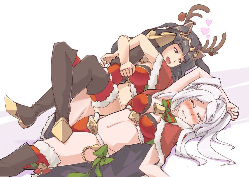 abs bangle bikini black_hair bracelet breasts christmas circlet closed_eyes cosplay female_my_unit_(fire_emblem:_kakusei) fire_emblem fire_emblem:_kakusei fire_emblem_heroes horns jaegan jewelry long_hair my_unit_(fire_emblem:_kakusei) robe swimsuit tharja tharja_(cosplay) tiara twintails two_side_up white_hair wrestling