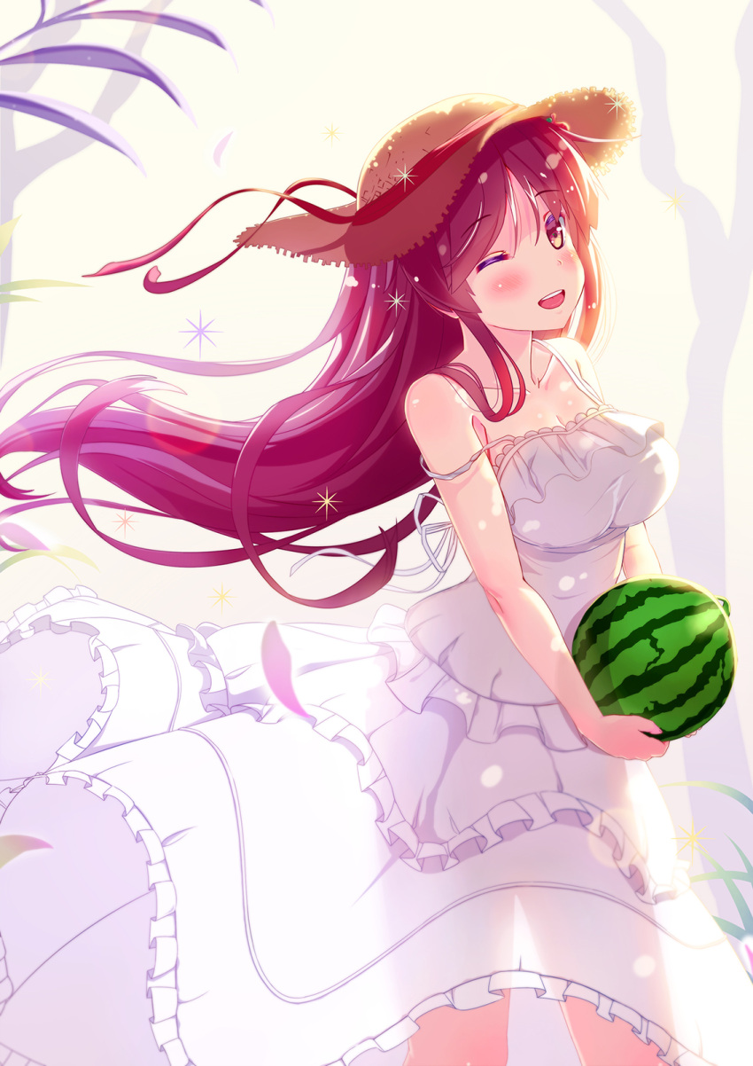 1girl ;d bare_arms bare_shoulders bare_tree blush breasts brown_hat cleavage collarbone colored_eyelashes cowboy_shot dress food frilled_dress frills fruit hat hat_ribbon highres holding holding_food holding_fruit layered_dress lens_flare long_hair looking_at_viewer medium_breasts one_eye_closed open_mouth original purple_hair red_eyes red_ribbon ribbon round_teeth see-through see-through_silhouette sleeveless sleeveless_dress smile solo sparkle standing strap_slip sun_hat sundress tareme teeth tree very_long_hair watermelon white_dress zongmao