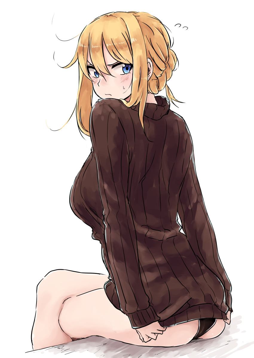 1girl :s absurdres ass black_panties blonde_hair blue_eyes blush braid breasts brown_sweater closed_mouth covering covering_ass flying_sweatdrops highres large_breasts legs_crossed long_sleeves looking_at_viewer looking_back original panties rucchiifu simple_background sitting solo sweatdrop underwear white_background