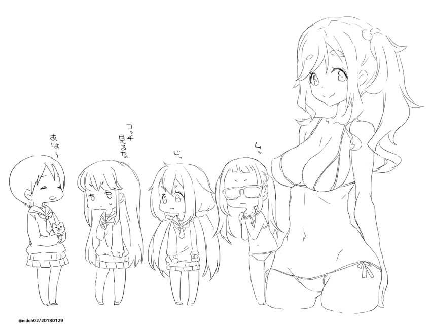 2018 5girls :d :i arm_at_side bikini breast_envy breasts chibi closed_eyes closed_mouth collarbone cropped_legs dated dog erect_nipples fang_out glasses greyscale groin hair_bobbles hair_ornament inuyama_aoi jitome kagamihara_nadeshiko large_breasts long_hair looking_at_another low_twintails monochrome mudou_eichi multiple_girls navel number oogaki_chiaki open_mouth pleated_skirt saitou_ena school_uniform serafuku shima_rin short_hair side-tie_bikini side_ponytail sketch skirt sleeves_past_wrists smile standing sweatdrop sweater swimsuit thick_eyebrows translation_request twintails twitter_username v-shaped_eyebrows white_background yurucamp