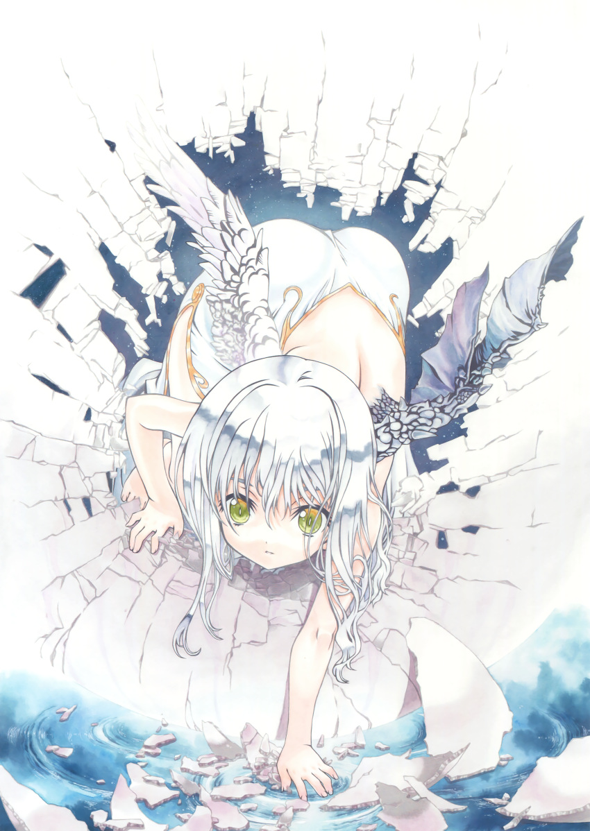 1girl absurdres backless_outfit bangs bare_arms barefoot cracked demon_wings dress feathered_wings fingernails green_eyes grey_wings hair_between_eyes highres mismatched_wings open-back_dress original parted_lips silver_hair solo toenail_polish utatane_hiroyuki water white_dress white_wings wings