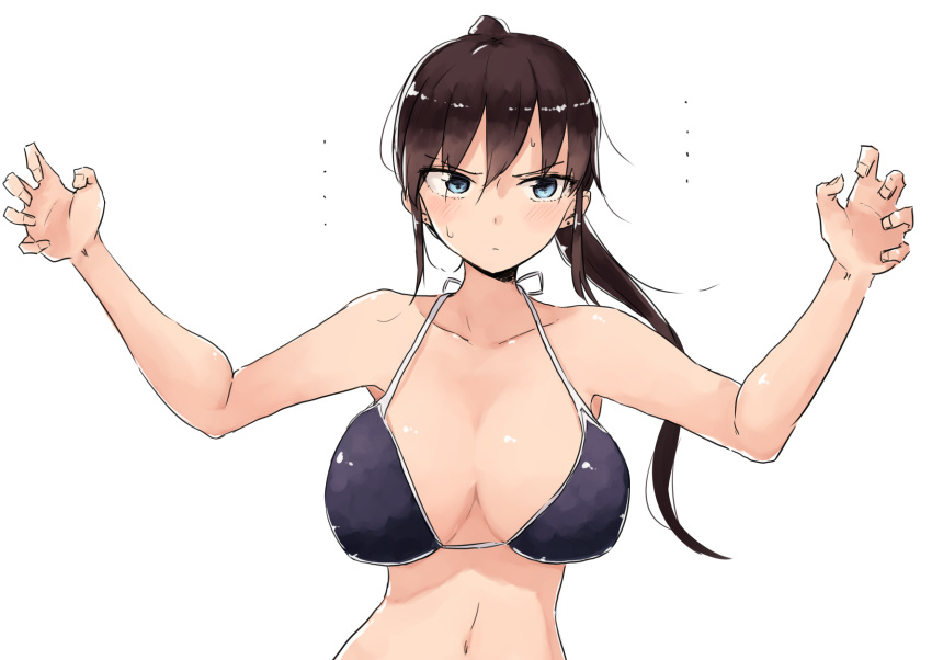 ... 1girl bare_arms bare_shoulders bikini blush breasts brown_hair earrings eyebrows_visible_through_hair fingernails hair_between_eyes hands_up highres jewelry large_breasts light_frown long_hair navel original ponytail purple_bikini rucchiifu solo sweatdrop swimsuit upper_body