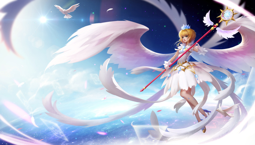 1girl absurdres bare_legs bird blurry brown_hair card_captor_sakura clear_card crown depth_of_field dress earth feathered_wings feathers floating floating_object from_above full_body gloves green_eyes high_heels highres kinomoto_sakura liuzexiong looking_away parted_lips pigeon pink_wings short_hair solo staff star sun white_bird white_dress white_feathers white_gloves white_wings wings