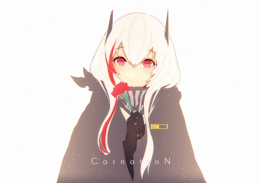 1girl absurdres bangs black_gloves blush coat eyebrows_visible_through_hair fang_out flower girls_frontline gloves hair_between_eyes headgear highres holding holding_flower light_particles long_hair looking_at_viewer m4_sopmod_ii_(girls_frontline) multicolored_hair pink_hair red_eyes redhead simple_background smile solo streaked_hair tareme white_background yui_(92935941)