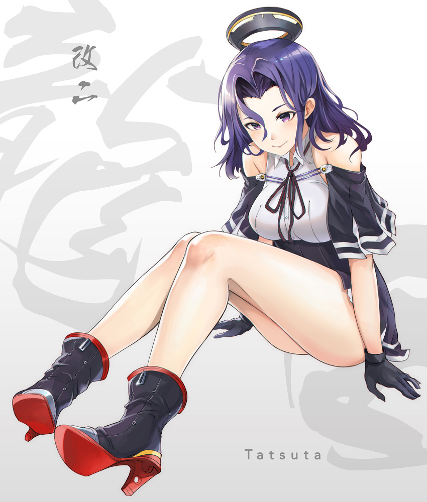 1girl bare_shoulders breasts character_name closed_mouth devildogs gloves hair_intakes highres kantai_collection large_breasts mechanical_halo neck_ribbon purple_hair remodel_(kantai_collection) ribbon school_uniform short_hair smile solo tatsuta_(kantai_collection) violet_eyes