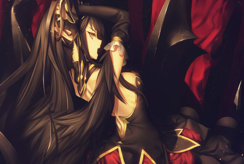 1girl adjusting_hair back black_hair detached_sleeves dress fate/grand_order fate_(series) highres kawanakajima long_hair looking_back open_mouth pointy_ears semiramis_(fate) slit_pupils solo yellow_eyes