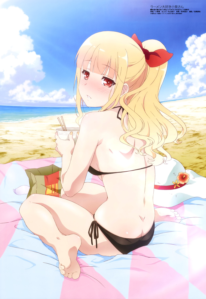 1girl absurdres barefoot beach beach_towel bikini black_bikini blonde_hair blush bow butt_crack chopsticks clouds cloudy_sky feet hair_bow hat highres koizumi_(ramen_daisuki_koizumi-san) looking_at_viewer looking_back megami nail_polish official_art outdoors ozeki_miyabi parted_lips ponytail print_towel ramen_daisuki_koizumi-san red_bow side-tie_bikini sky soles solo sun_hat swimsuit toes towel white_hat yellow_nails