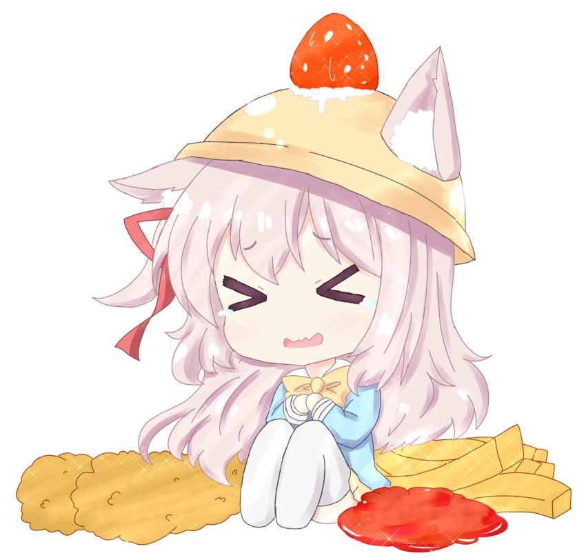 &gt;_&lt; 1girl animal_ears azur_lane bailingxiao_jiu bangs blue_shirt blush bow bowtie cat_ears chibi commentary_request cream ears_through_headwear eyebrows_visible_through_hair food french_fries fruit full_body hair_between_eyes hair_ribbon hat highres ketchup kindergarten_uniform kisaragi_(azur_lane) long_hair long_sleeves no_shoes one_side_up own_hands_together parted_lips pink_hair pleated_skirt red_ribbon ribbon school_hat shirt sidelocks simple_background sitting skirt solo sparkle strawberry tears thigh-highs very_long_hair wavy_mouth white_background white_legwear yellow_hat yellow_neckwear yellow_skirt
