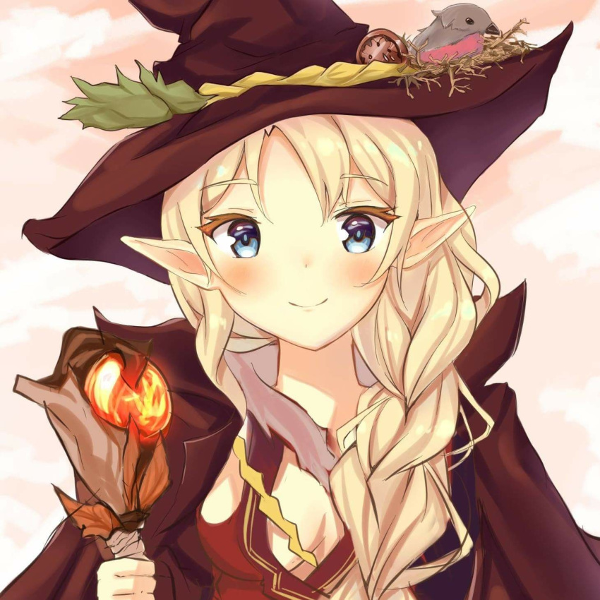 1girl animal bangs bird bird_nest blonde_hair blue_eyes blush braid breasts brown_cape brown_hat closed_mouth commentary dress elf eyebrows_visible_through_hair hair_over_shoulder hat highres holding holding_staff long_hair looking_at_viewer medium_breasts mony original pointy_ears red_dress side_braid smile solo staff witch_hat