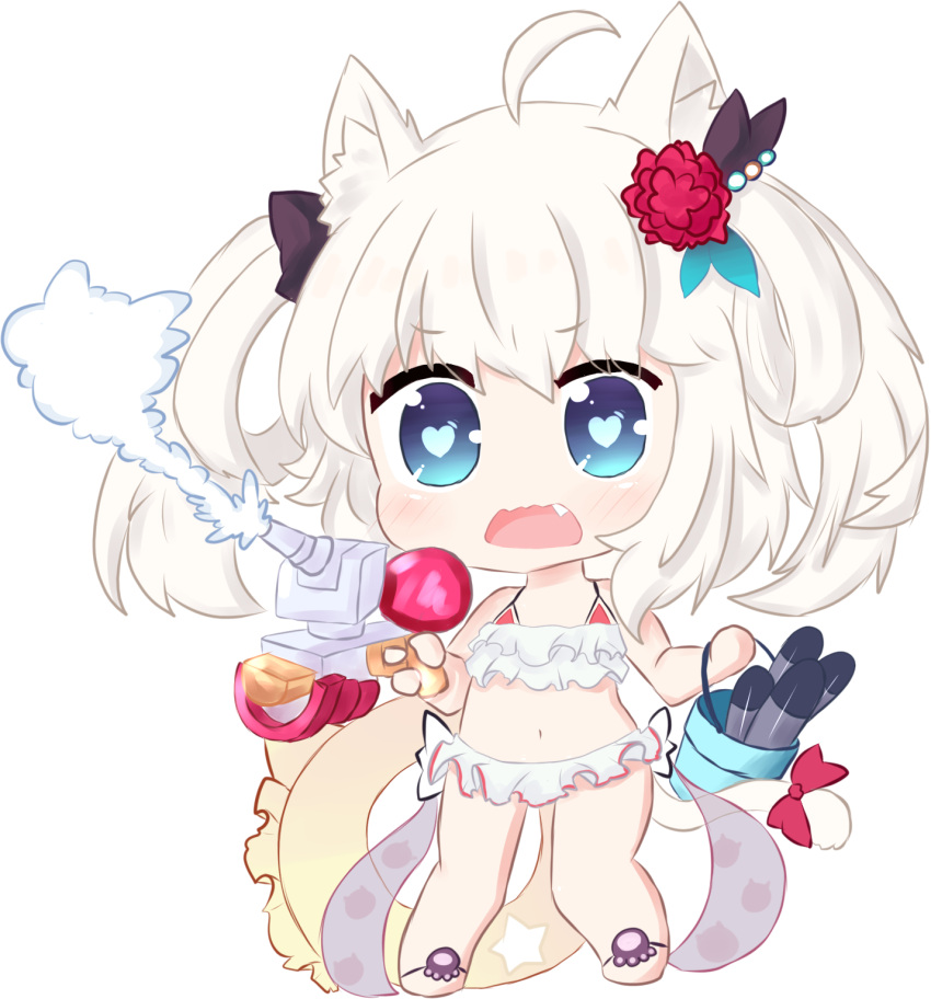 1girl ahoge animal_ears azur_lane bailingxiao_jiu bangs bare_arms bare_shoulders bikini blue_eyes bow bucket cannon cat_ears cat_girl cat_tail chibi commentary_request eyebrows_visible_through_hair fang flower frilled_bikini_top full_body hair_flower hair_ornament hair_rings hammann_(azur_lane) heart heart-shaped_pupils highres holding innertube navel open_mouth red_bow red_flower silver_hair simple_background solo standing star swimsuit symbol-shaped_pupils tail tail_bow tears torpedo transparent turret twintails wavy_mouth white_background white_bikini