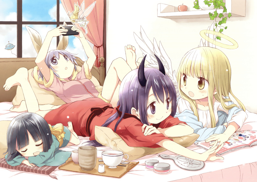 4girls absurdres angel aoki_ume bed black_hair blonde_hair cup fairy halo highres horns long_hair lying multiple_girls original purple_hair short_hair teacup ufo window wings yellow_eyes