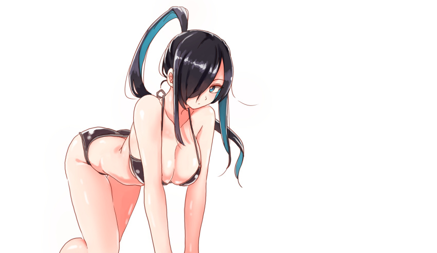 1girl all_fours ass bare_arms bare_legs bare_shoulders bikini black_bikini black_hair blue_eyes breasts cleavage closed_mouth commentary_request hair_over_one_eye halter_top halterneck hands_on_floor hanging_breasts high_ponytail highres large_breasts long_hair looking_at_viewer original ponytail rucchiifu shiny shiny_skin sidelocks simple_background solo swimsuit thigh_gap white_background
