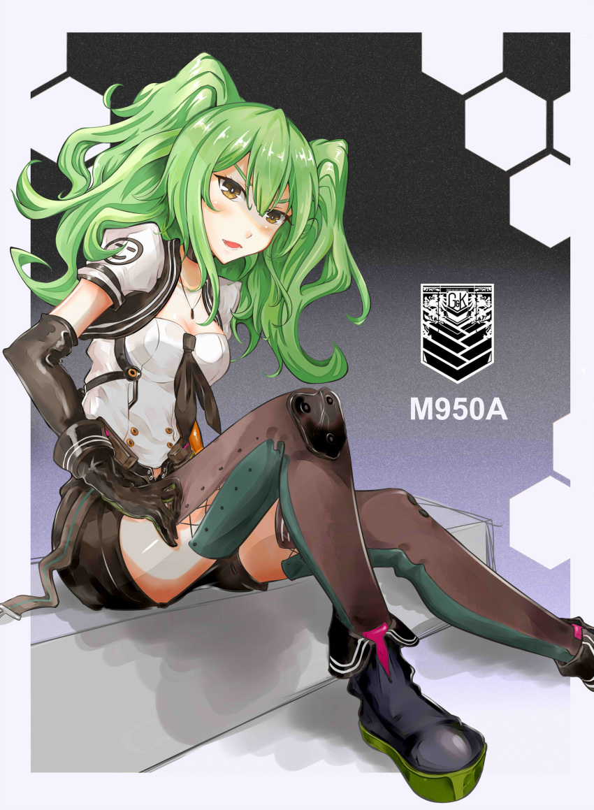 1girl absurdres adjusting_clothes adjusting_legwear ammunition_pouch ankle_boots bangs black_footwear black_gloves black_neckwear black_shorts blush boots breasts character_name choker cleavage collarbone elbow_gloves floating_hair girls_frontline gloves gosu_(hako) green_hair hair_between_eyes hand_up heart highres jewelry knee_pads leaning_forward long_hair looking_at_viewer m950a_(girls_frontline) medium_breasts messy_hair multicolored multicolored_clothes multicolored_gloves neckerchief necklace necktie open_mouth pendant platform_boots shirt short_sleeves shorts sidelocks sitting smile solo thigh-highs thighs twintails two_side_up white_shirt yellow_eyes