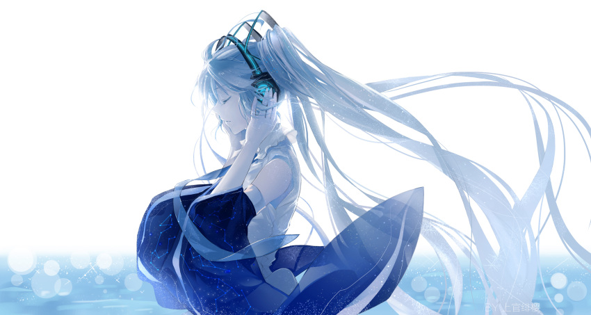 1girl bare_shoulders blue_hair blue_neckwear closed_eyes closed_mouth commentary_request detached_sleeves earphones floating_hair from_side grey_shirt hands_on_headphones hands_up hatsune_miku headphones highres long_hair long_sleeves necktie profile shangguan_feiying shirt solo upper_body very_long_hair vocaloid wide_sleeves