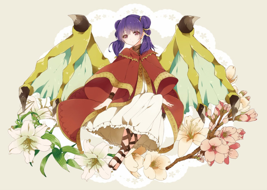 1girl blush cape dragon_girl dragon_wings dress fire_emblem fire_emblem:_seima_no_kouseki fire_emblem_heroes highres long_hair mamkute myrrh open_mouth purple_hair red_eyes short_hair twintails wings yuuri_(114916)