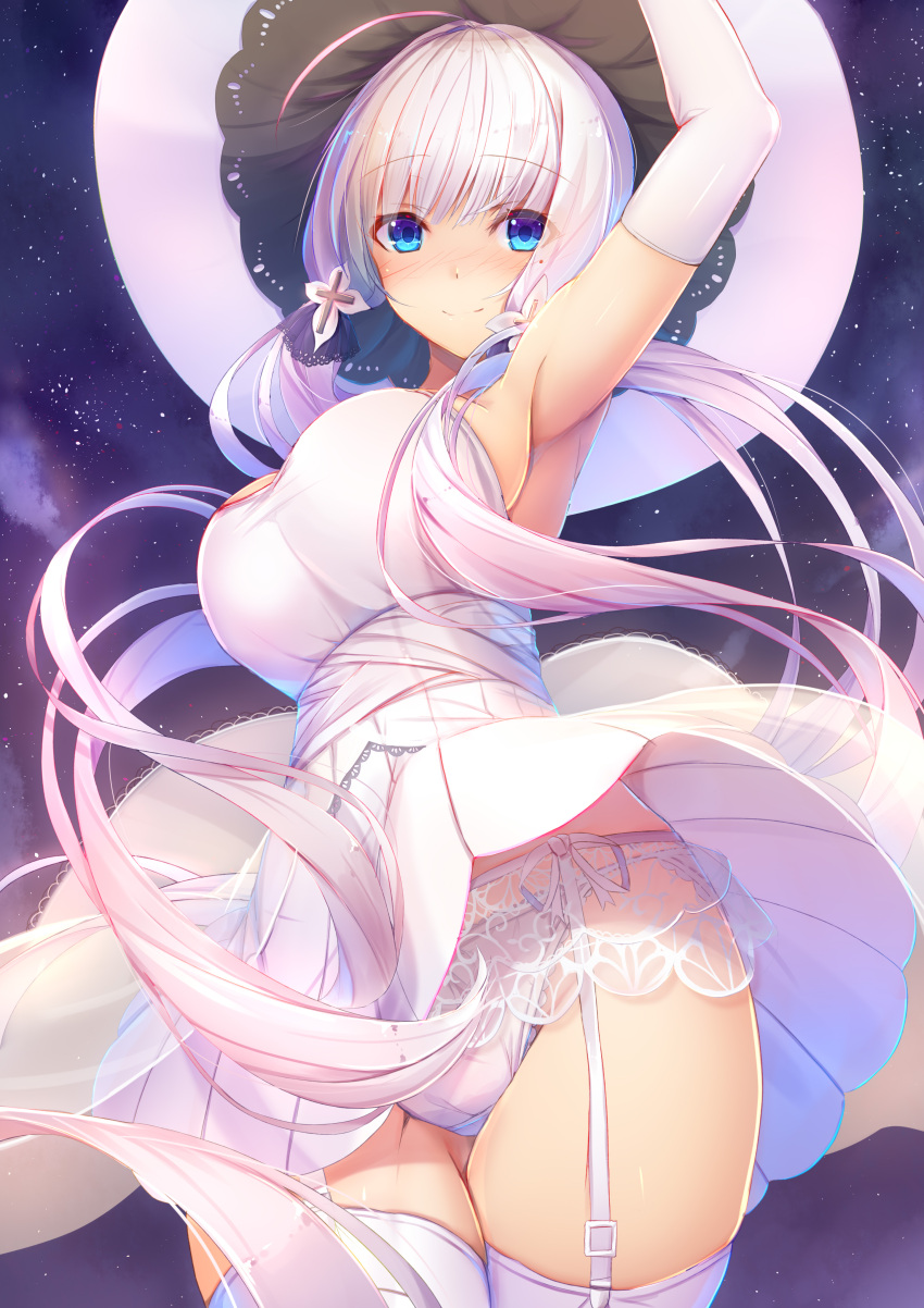 1girl absurdres ahoge arm_up armpits azur_lane blue_eyes blush breasts commentary_request dress elbow_gloves eyebrows_visible_through_hair garter_belt garter_straps gloves hat highres illustrious_(azur_lane) lace large_breasts long_hair looking_at_viewer low_twintails open_mouth panties revision solo tatapopo thigh-highs twintails underwear white_dress white_hair white_legwear white_panties